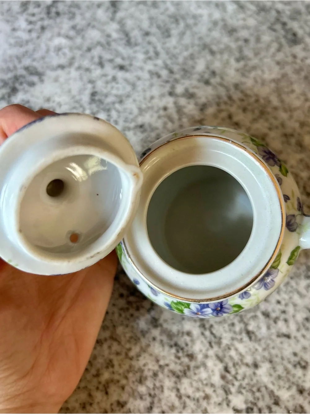 White Porcelain Teapot with Purple and Green Floral Print Design Lefton China